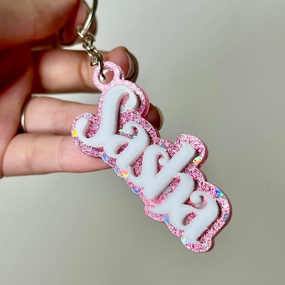 Personalized Pink Heart Glitter Layered Name Acrylic Keychain
